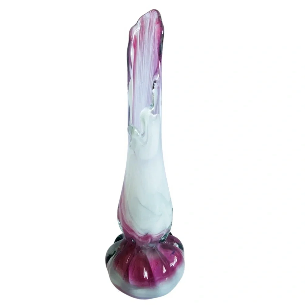 Vintage MCM Art Glass Pink White Swung Vase - Picture 1 of 8